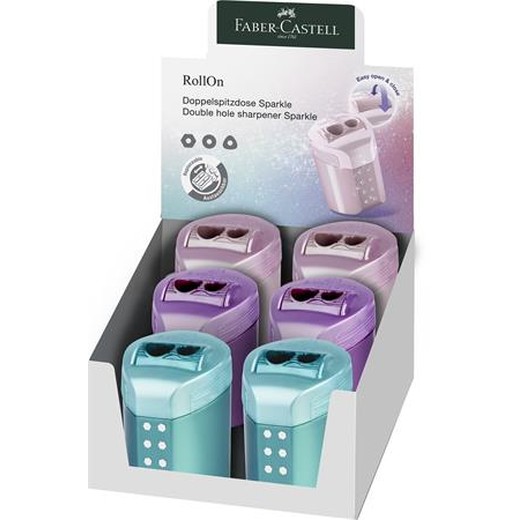 Strúhadlo, dvojdierové, so zásobníkom, displej, FABER-CASTELL "RollOn Sparkle", metalické farby