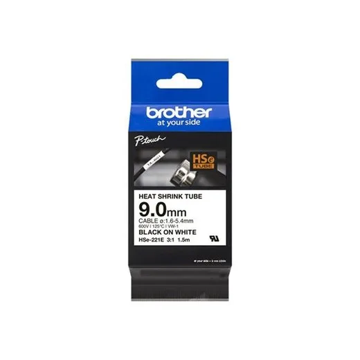 Zmršťovacia bužírka, pre štítkovače, 9 mm x 1,5 m, BROTHER "HSe-221E", biela-čierna