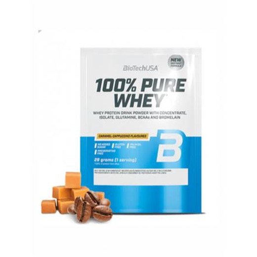 Srvátkový proteínový prášok, 28g, BIOTECH USA "100% Pure Whey", karamel-cappuccino