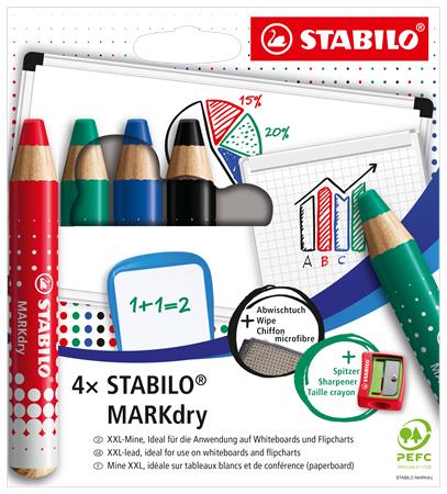 Suchý popisovač na tabuľu a flipchart, kužeľový hrot, STABILO "MARKdry", 4 rôzne farby s utierkou a strúhadlom