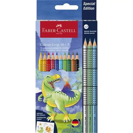Farebné ceruzky, sada, trojhranné, FABER-CASTELL "Grip Dinosaurus" 10+3 rôznych farieb