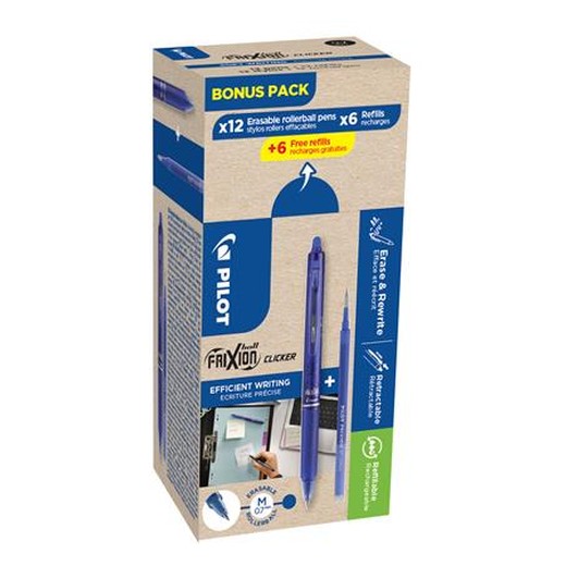 Roller, 0,35 mm, zmazateľný, stláčací mechanizmus, PILOT "Frixion Clicker, Bonus Pack", modrá + náplň