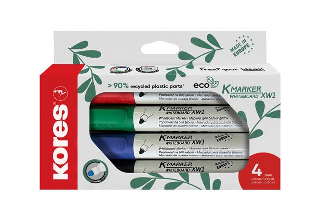 Popisovač na tabule a flipchart, sada, 3 mm, kužeľový hrot, KORES "ECO K-Marker XW1", 4 rôzne farby