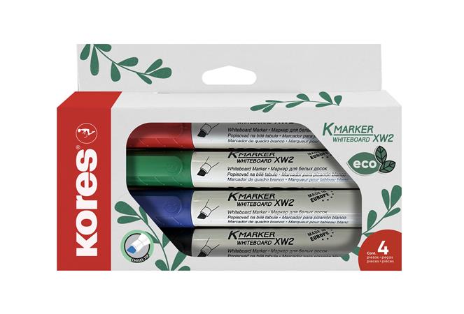 Popisovač na biele tabule a flipchart, 3-5 mm, zrezaný hrot, KORES "ECO K-Marker XW2", 4 rôzne farby