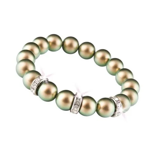 Náramok, zo zelených SWAROVSKI® perál, s bielym rondella krištáľom, 10 mm, veľ. M, ART CRYSTELLA®