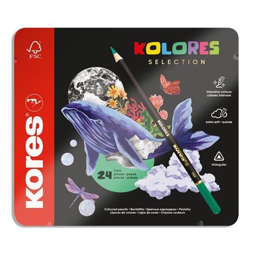 Farebné ceruzky, sada, trojhranné, kovová krabica, KORES "Kolores Selection", 24 rôznych farieb