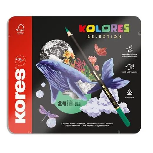 Farebné ceruzky, sada, trojhranné, kovová krabica, KORES "Kolores Selection", 24 rôznych farieb
