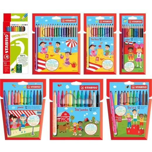 Farebné ceruzky, fixky, sada, STABILO, 6x 7 rôznych produktov+darček: zvýrazňovač, displej "Boss Pastel", 45 ks