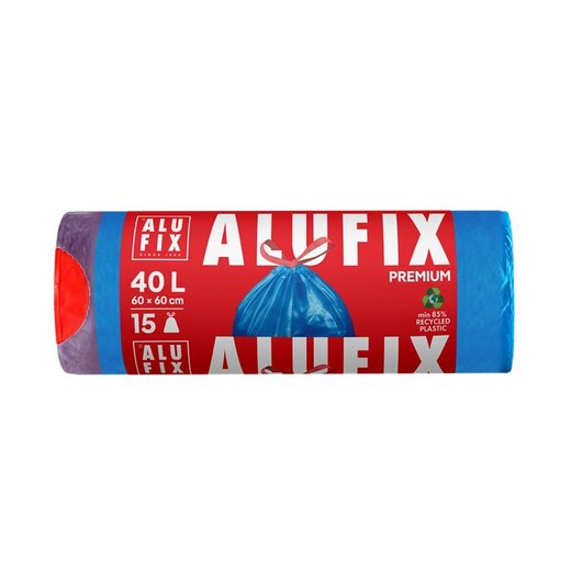 Vrecia na odpadky, zaťahovacie, 40 l, 15 ks, 60x60 cm, 20 µ, ALUFIX, modrá