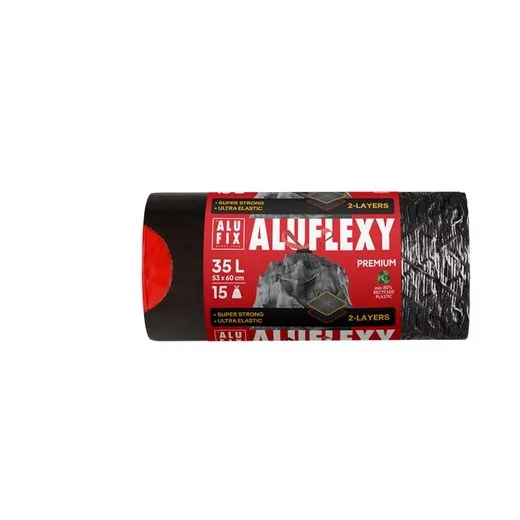 Vrecia na odpadky, zaťahovacie, 35 l, 15 ks, 53x60 cm, 28 µ, ALUFIX "Aluflexy", čierna