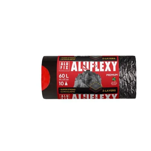 Vrecia na odpadky, zaťahovacie, 60 l, 10 ks, 64x69 cm, 33 µ, ALUFIX "Aluflexy", čierna