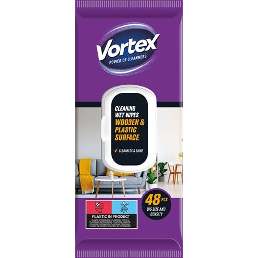 Vlhčené utierky, na drevené a plastové povrchy, 48 ks, VORTEX