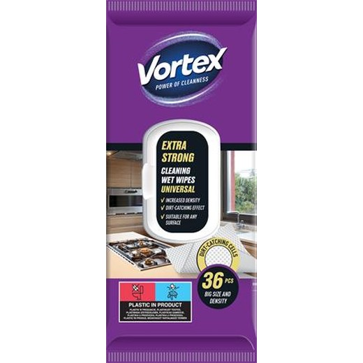 Vlhčené utierky, univerzálne, s uzatvárateľným viečkom, 36 ks, VORTEX, extra silné