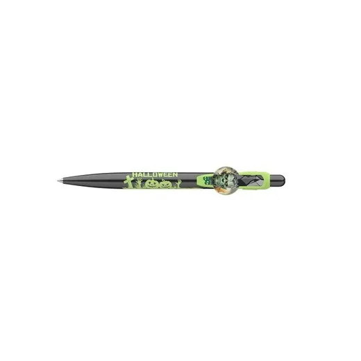 Guľôčkové pero, 0,8 mm, stláčací mechanizmus, žlto-zelené vzorované telo, ICO "Halloween", modré