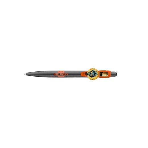 Guľôčkové pero, 0,8 mm, stláčací mechanizmus, čierne vzorované telo, ICO "Halloween", modré