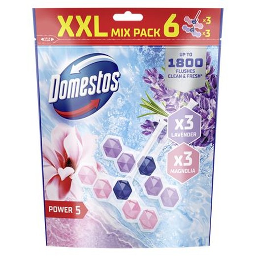 WC osviežujúci blok, 6-kusový, DOMESTOS "Power 5", magnólia a levanduľa