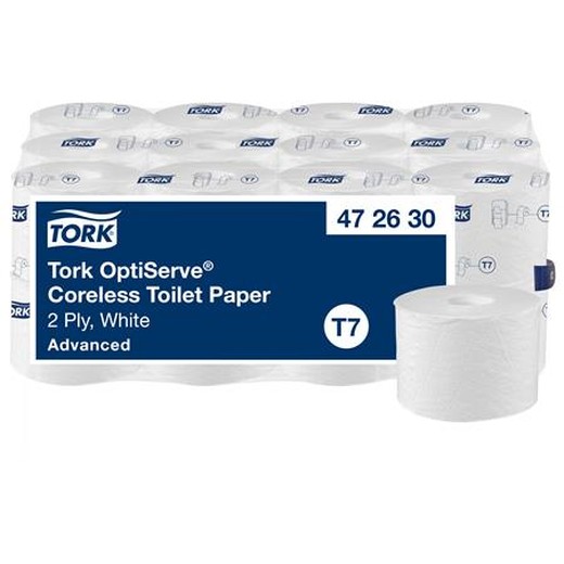 Toaletný papier, bezdutinkový, T7 systém, 2-vrstvový, priemer 13,1 cm, Advanced, TORK "OptiServe", biela