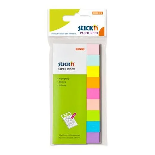 Záložky, papierové, 9x50 listov, 50x12 mm, STICK N, mix neónových a pastelových farieb