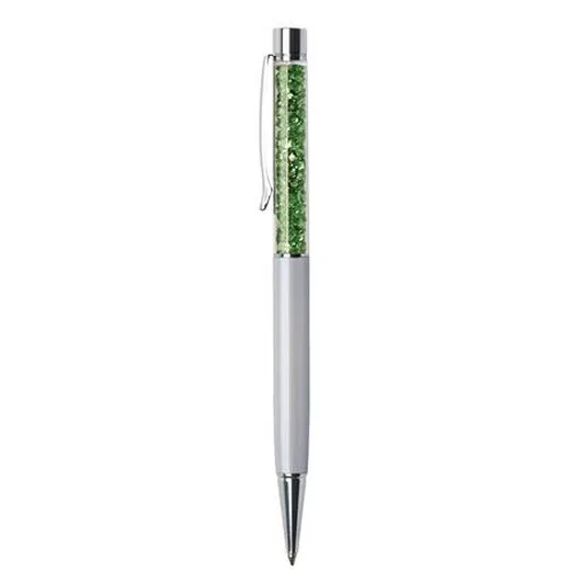 Guľôčkové pero, krémovo biele, s zeleným SWAROVSKI® kryštálom v hornej časti, 14 cm, ART CRYSTELLA®