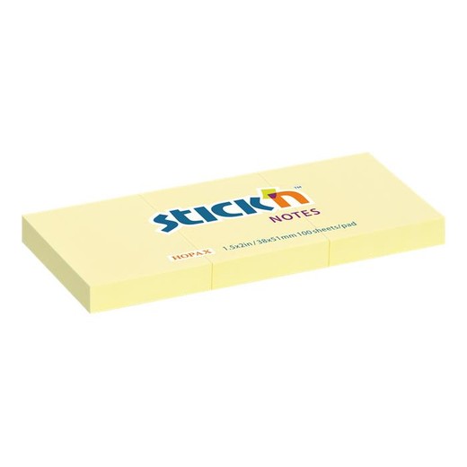 Samolepiaci bloček, 38x51 mm, 3x100 listov, STICK N, pastelová žltá