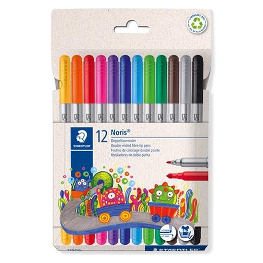 Fixky, sada, 1-3 mm, obojstranné, vyprateľné, STAEDTLER "Noris® 320, 12 rôznych farieb