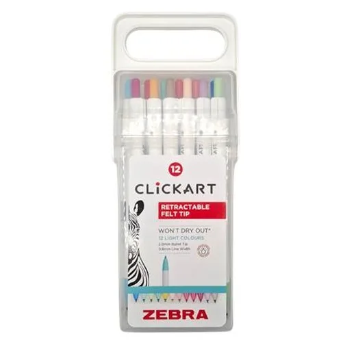 Popisovač, sada, stláčací mechanizmus, 0,6 mm, ZEBRA "Clickart" 12 rôznych pastelových farieb