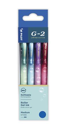 Gélové pero, sada, 0,32 mm, stláčací mechanizmus, PILOT "G-2 Bubble", modré, 4 rôzne vzory