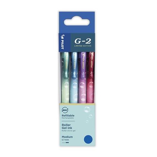 Gélové pero, sada, 0,32 mm, stláčací mechanizmus, PILOT "G-2 Bubble", modré, 4 rôzne vzory