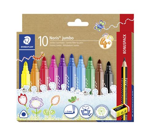 Fixky, sada, s grafitovou ceruzkou a gumou, 3 mm, trojhranné, STAEDTLER "Noris® jumbo 328", 10+1 rôznych farieb