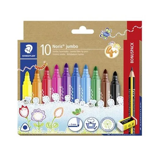 Fixky, sada, s grafitovou ceruzkou a gumou, 3 mm, trojhranné, STAEDTLER "Noris® jumbo 328", 10+1 rôznych farieb