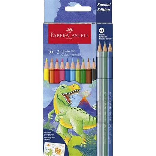 Farebné ceruzky, sada, šesťhranné, FABER-CASTELL"Dinosaurus" 10+3 rôznych farieb