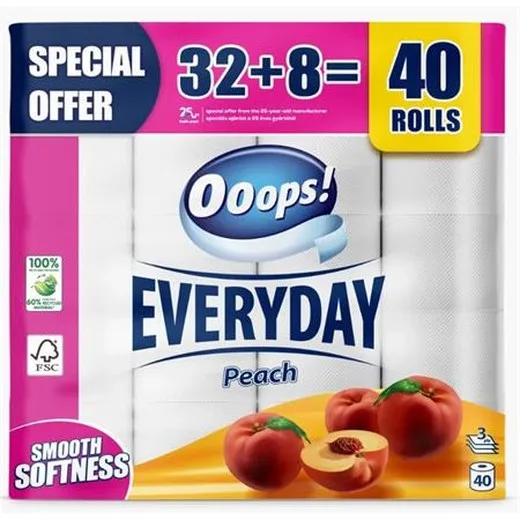Toaletný papier, 3-vrstvový, malý kotúč, 32+8 kotúčov, OOOPS "Everyday", broskyňa