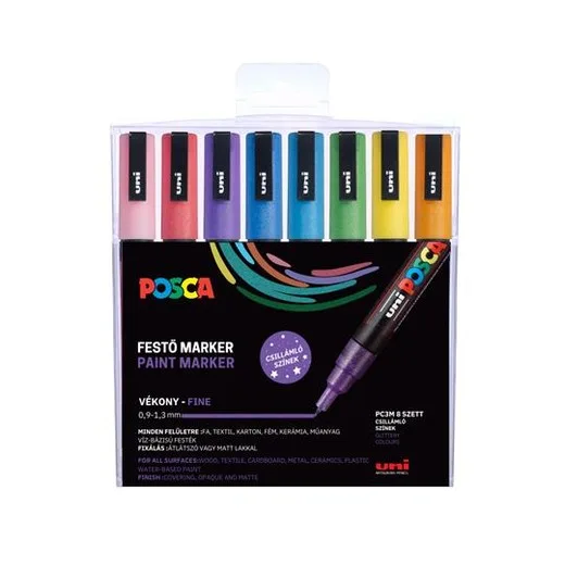 Dekoračný popisovač, sada, 0,9-1,3 mm, UNI "Posca PC-3ML", 8 rôznych trblietavých farieb