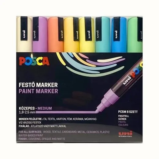 Dekoračný popisovač, sada, 1,8-2,5 mm, UNI "Posca PC-5M", 8 rôznych pastelových farieb