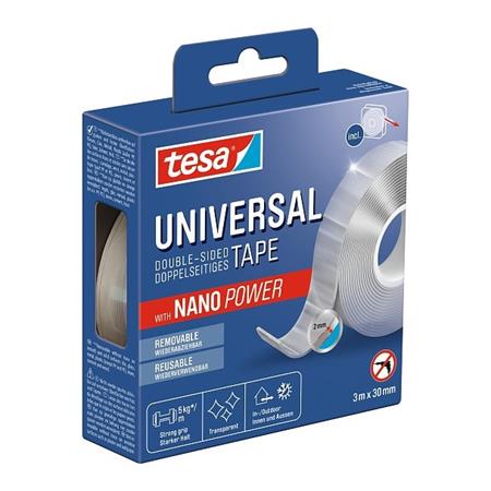 Lepiaca páska, obojstranná, opakovane použiteľná, priehľadná, 30 mm x 3 m, TESA "Universal Nanotape"