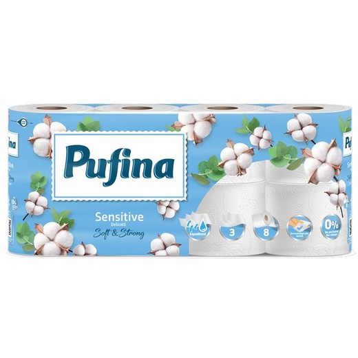 Toaletný papier, 3 vrstvový, malá rolka, 8 roliek, PUFINA "Sensitive Aquabond", bez vône