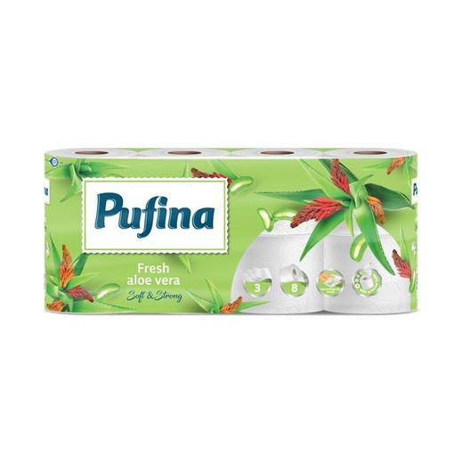 Toaletný papier, 3-vrstvový, malý kotúč, 8 kotúčov, PUFINA "Aloe Vera"
