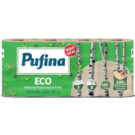 Toaletný papier, 3-vrstvový, malý kotúč, 8 kotúčov, PUFINA "Eco", nebielený a bez chemikálií