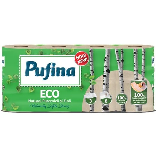 Toaletný papier, 3-vrstvový, malý kotúč, 8 kotúčov, PUFINA "Eco", nebielený a bez chemikálií