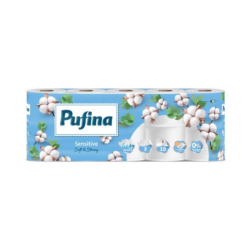 Toaletný papier, 3-vrstvový, malý kotúč, 10 kotúčov, PUFINA "Sensitive Aquabond", bez vône