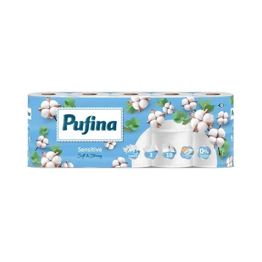Toaletný papier, 3-vrstvový, malý kotúč, 10 kotúčov, PUFINA "Sensitive Aquabond", bez vône
