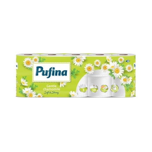 Toaletný papier, 3-vrstvový, malý kotúč, 10 kotúčov, PUFINA "Chamomile", s vôňou harmančeka