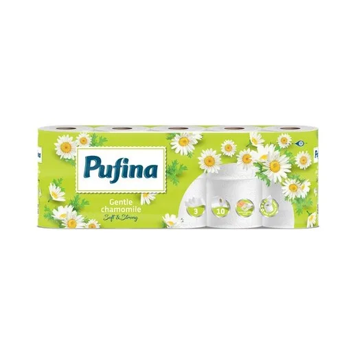 Toaletný papier, 3-vrstvový, malý kotúč, 10 kotúčov, PUFINA "Chamomile", s vôňou harmančeka