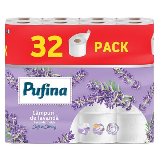 Toaletný papier, 3-vrstvový, malý kotúč, 32 kotúčov, PUFINA "Lavender Fields", s vôňou levandule