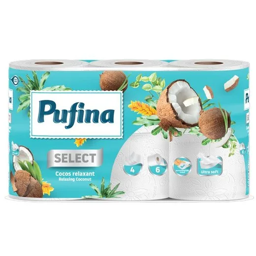 Toaletný papier, 4 vrstvový, malé rolky, 6 roliek, PUFINA "Relaxing Coconut", s kokosovou vôňou