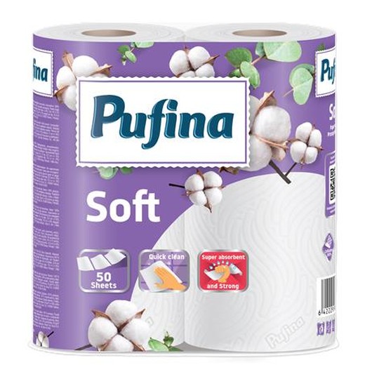 Papierové utierky, 2-vrstvové, 50 listov, 2 kotúče, PUFINA "Soft"