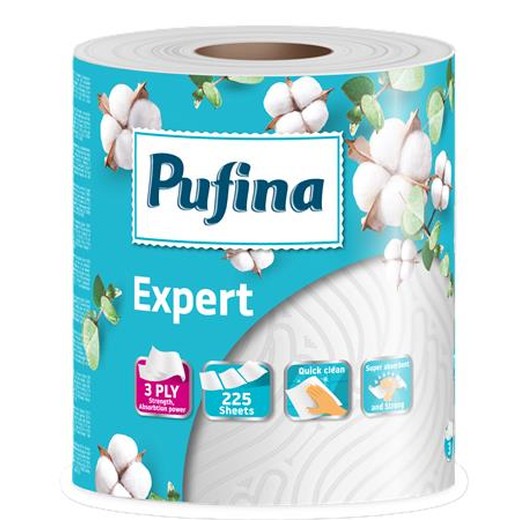Papierové utierky, 3-vrstvové, 225 listov, 1 kotúč, PUFINA "Expert"