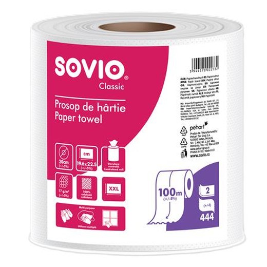 Papierové utierky, 100 % celulóza, rolka, 100 m, priemer 20 cm, 2-vrstvové, SOVIO
