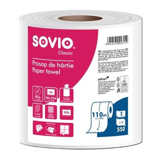Papierové utierky, 100 % celulóza, v rolke, 110 m, priemer 20 cm, 2-vrstvové, SOVIO
