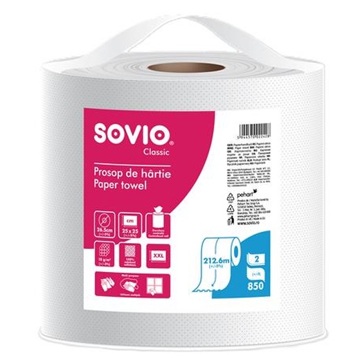 Papierové utierky, 100 % celulóza, rolka, 212,6 m, priemer 26,5 cm, 2-vrstvové, SOVIO